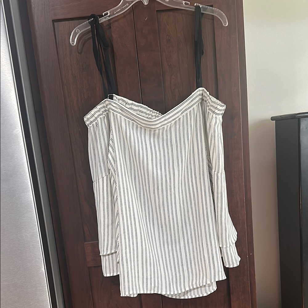 LOFT Cream & Black Off the Shoulder Blouse